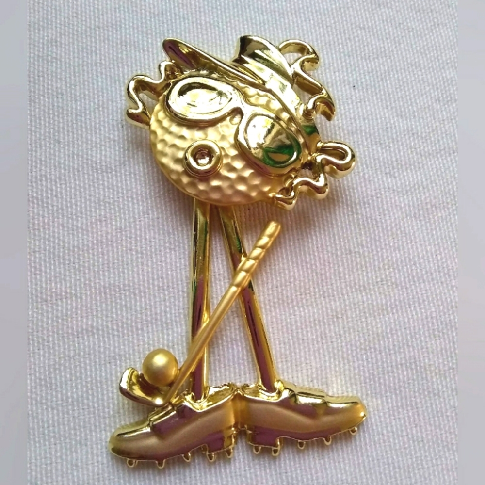 AJC Vintage Gold Tone Golf Ball Man Brooch Moveable Swing Sunglasses